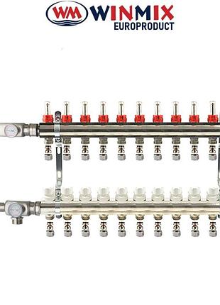 Коллекторный узел в сборе с термостатическим смесит. клапаном для системы "теплый пол" winmix на 11 выходов (балка - латунь,