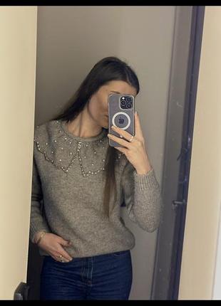 Свитер теплый вязаний с воротником со стразами, модный свитер , серый теплый свитер,кофта