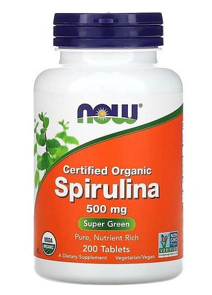 Спирулина, spirulina, now foods, сертифицированная, органическая, 500 мг, 200 таблеток