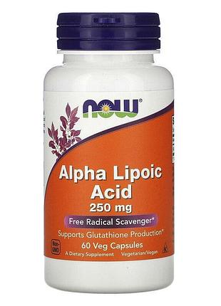 Альфа-липоевая кислота, alpha lipoic acid, now foods, 250 мг, 60 капсул