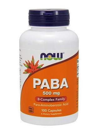 Пабк (пара-аминобензойная кислота), paba (витамин в10), now foods, 500 мг, 100 капсул