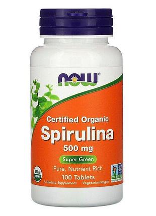 Спирулина, spirulina, now foods, сертифицированная, органическая, 500 мг, 100 таблеток