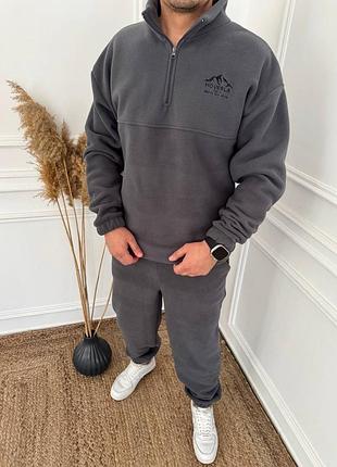 Чоловічий спортивний костюм двійка теплий флісовий без капюшона графіт