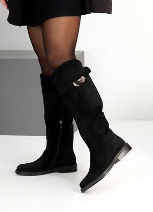 Чоботи жокейки жіночі екозамша фліс чорні 26136