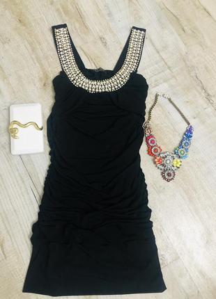 Черное маленькое платье стразы, модное стильное вечернее, коктейльное