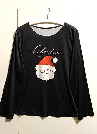 Новорічна блуза з рукавом кофта лонгслів чорна принт санта клаус дід мороз