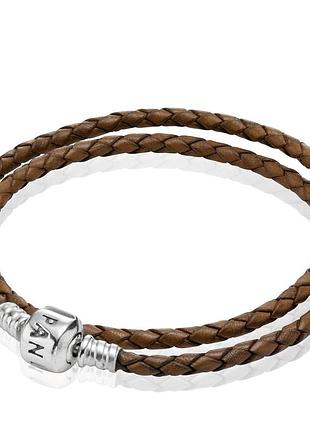Тёмно-коричневый кожаный браслет пандора с серебряным замком 18