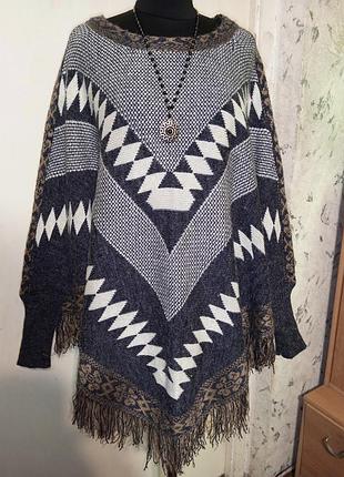 Шерстяной - 35% бохо-этно свитер-пончо с рукавами батал-оверсайз fogle rosse