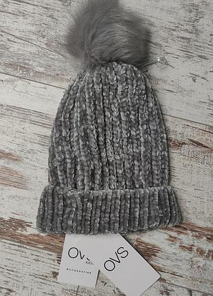 Шапка на дівчинку сіра з помпоном