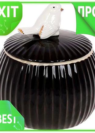 Ve порцелянова банка пташка 750мл new version чорний глянець контейнер для сипучих продуктів декор для n6w_ver