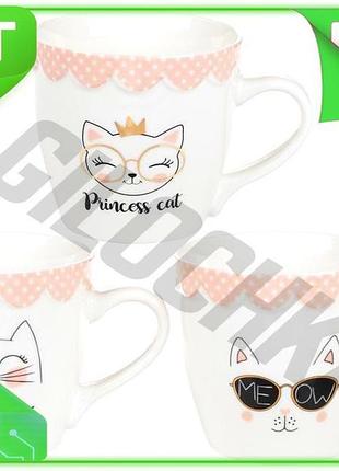 Ve кухоль порцеляновий модний кіт new version 350мл для чаю та кави з милими тваринами біла з рожевим n6w_ver