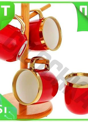 Ve чайний набір золота лінія new version 4 кружки 320мл бордо порцелянові чашки з підставкою з бамбука n6w_ver