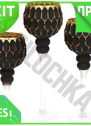 Ve набор стеклянных подсвечников ferdeus new version 3 штуки черные с золотом для декора интерьера све n6w_ver