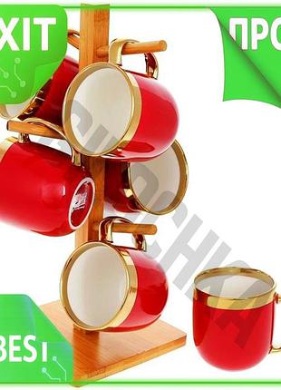 Ve чайный набор золотая линия new version 6 кружек 320мл бордо на бамбуковой стойке посуда для чаепити n6w_ver