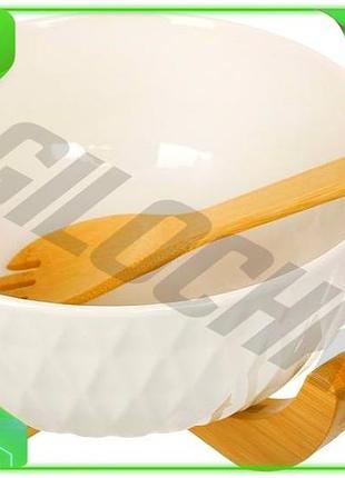 Ve салатница фарфоровая ceram-bamboo 3л new version с бамбуковой подставкой и ложкой для сервировки ст n6w_ver