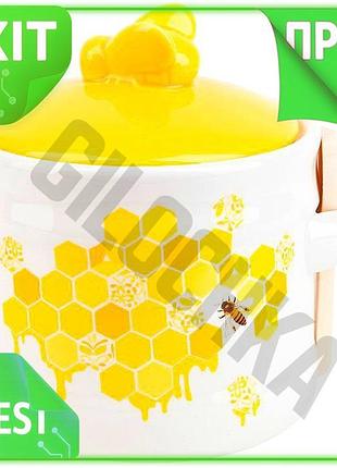 Ve керамічна банка для меду new version sweet honey 450мл біла з жовтим з дерев'яною ложкою посуд для n6w_ver