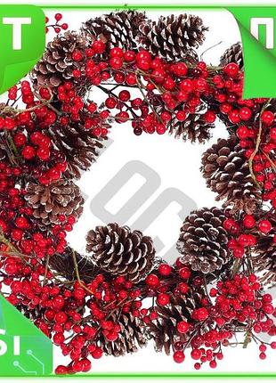 Ve новорічний вінок із червоних new version ягід та шишок 60см для прикраси будинку та свята різдвяний n6w_ver