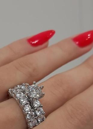 Шикарное красивое модное серебряное двойное кольцо серебро 925 дорожка с камнями цирконием2 фото