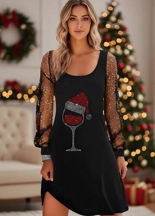 Гарне,новорічне,святкове плаття,з прозорими рукавами з блискітками