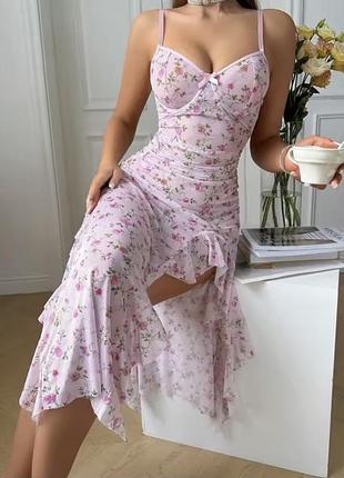 Пеньюар в цветочный принт,с разрезами,платье