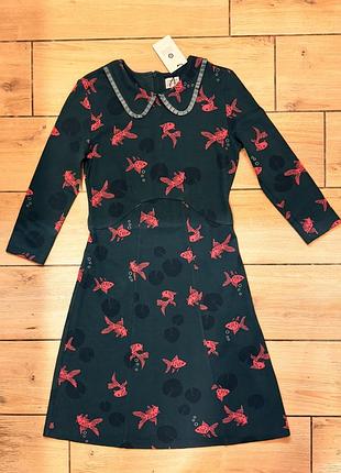 Темно-зелена сукня з рожевими рибками, розмір xs-s