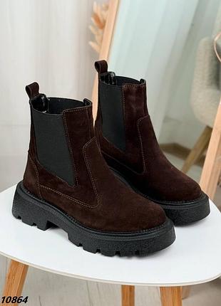 Натуральные замшевые демисезонные ботинки - челси цвета шоколад