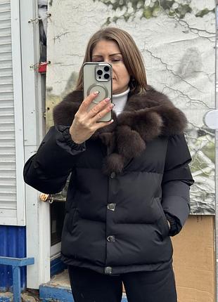 Болонева куртка на хутрі песця натуральний коротка чорна жіноча  куртка зимова