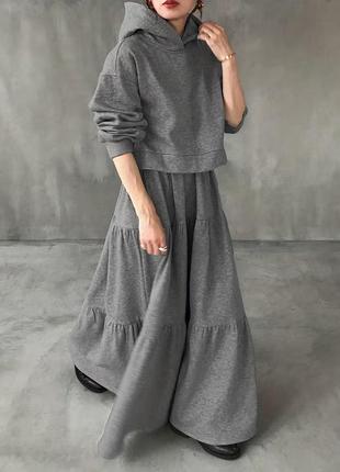 Жіночий костюм утеплений ,у комплекті худі з капюшоном і довга спідниця l/xl сірий