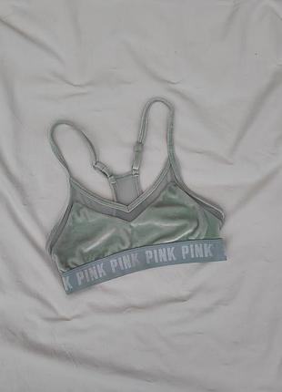 М'ятний оксамитовий топ із написом ✨ victoria's secrets pink✨ топ із сіткою бюст-бра