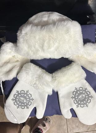 Шапка ушанка  меховая белая мягкая м 57 +перчатки в подарок
