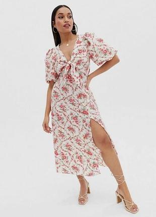 Сукня міді з розрізом та об'ємними рукавчиками сукня в квітковий принт ніжна сукня плаття 44 46 розпродаж