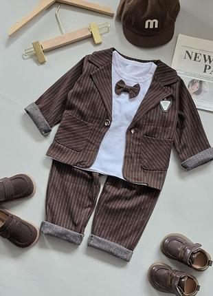 Святковий костюм для хлопчика джентльмен піджак брючки реглан з кроваткою з бабочкою колір шоколадний коричневий