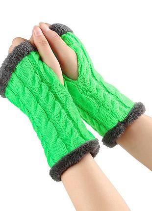 Мітенки на хутрі в'язані без пальців салатові 6827 яскраві митенки зелені