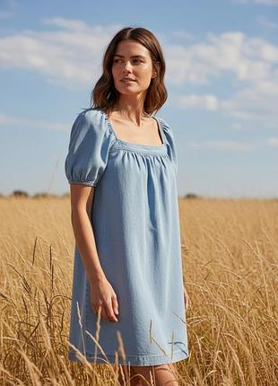 Легкое джинсовое мини-платье с пышными рукавами mango