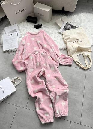 Тепла плюшева махрова піжама рожева з сердечками якісна плюшева махра