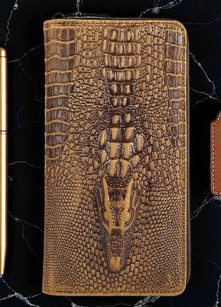 Чоловічий шкіряний клатч на блискавці крокодил, гаманець натуральна шкіра з крокодилом рептилія світло-коричневий