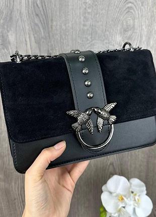 Жіноча міні сумочка клатч замшева pinko чорна, сумка на плече натуральна замша пінко пташки