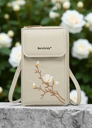 Женская мини сумочка клатч с цветами вышивка для телефона, маленькая сумка кошелек на плечо с цветочками серый