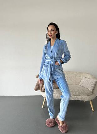 Велюрова піжама 4 штани, сорочка з поясом резинка для волосся та топ