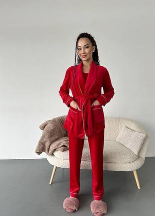 Велюрова піжама четвірка топ, штани , сорочка з поясом та резинка для волосся