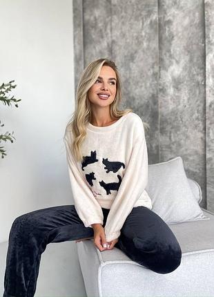 Женская теплая зимняя плюшевая пижама с котами котики зима длинный рукав