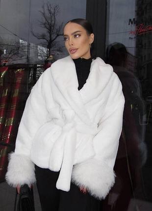 Вкорочена шубка з поясом , шуба кімоно на запах