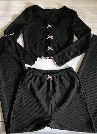 Черная милая пижама с кружевом и бантиками