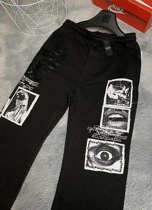 Чоловічі штани широкі baggy чорні з принтами chrome hearts cargo карго реп drill sk8 vetements