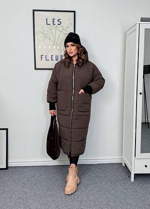 Зимняя удлинённая куртка женская. розмір: 50-52(2хл), 54-56(4хл), 58-60(6хл).кольори: темний шоколад,чорний