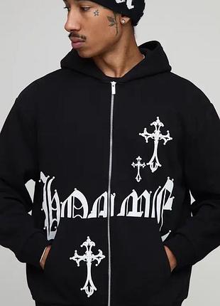 Gothic zip up hoodie чорна с хрестами street chrome hearts