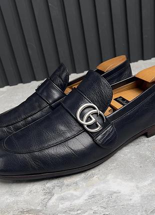 Gucci donnie double gg loafers heels dark blue leather мужские туфли лоферы кожа оригинал 44 eur
