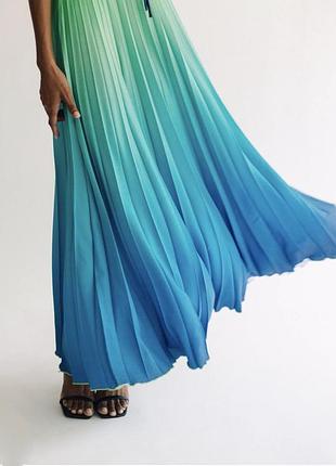 Спідниця нова довга плісерована з ефектом амбре  на підкладці блакитний бірюзовий синій колір atmosphere