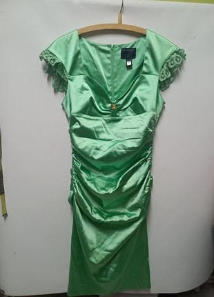 Зеленое атласное платье по фигуре, вечернее,коктецльное