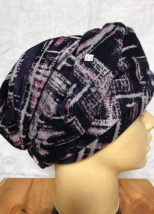 Женская тёплая шапка-тюрбан чалма синий с чёрным